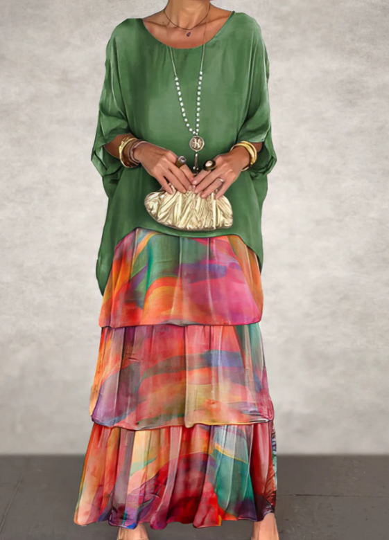 Women's flowing layered elegant maxi dress in a soft muted colourway
