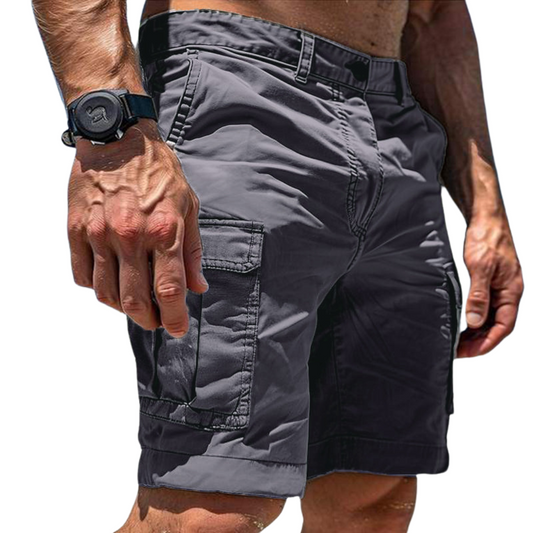 Men's classic utility cargo shorts in grey, khaki, dark green and black, shown for menswear styling