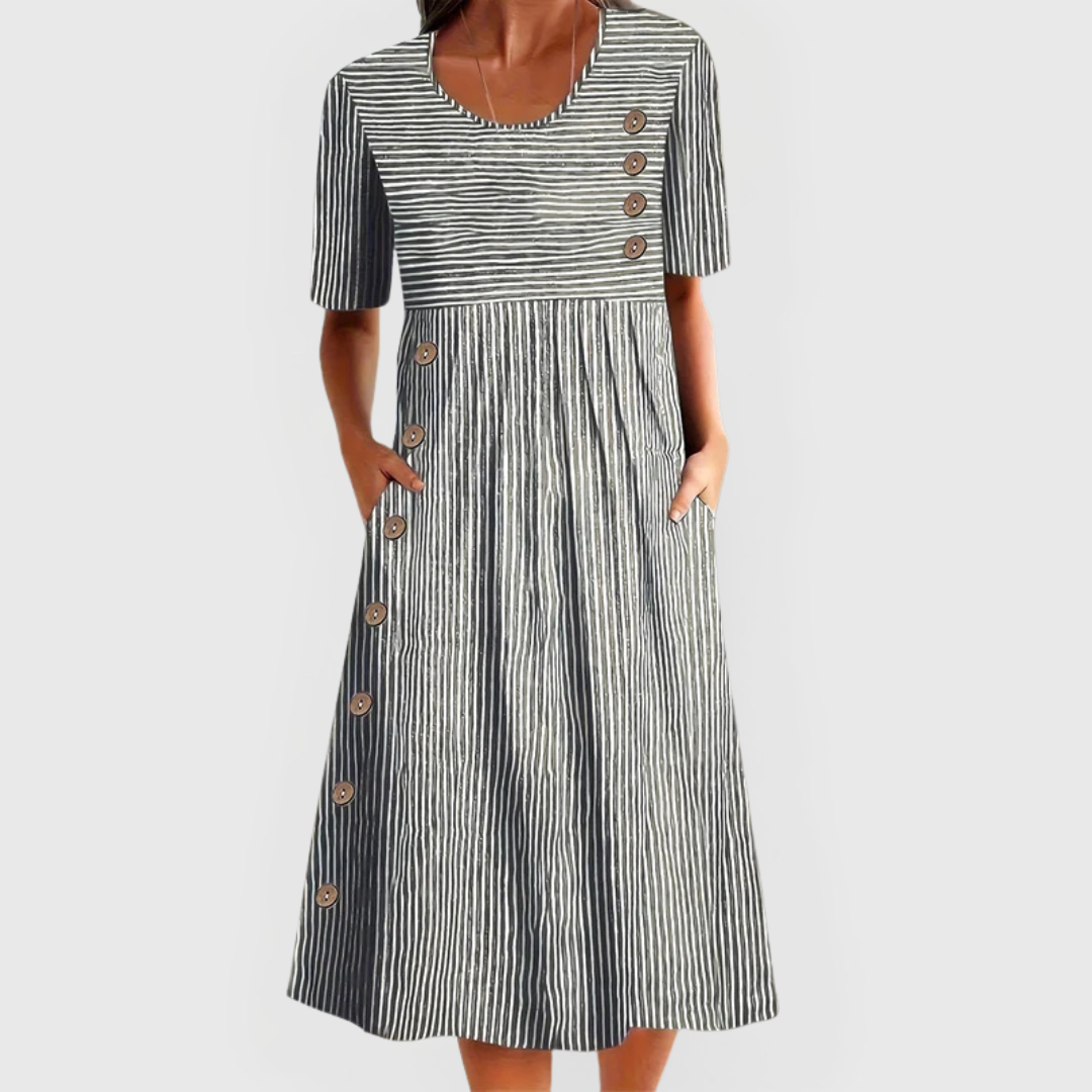 Women's striped three-quarter sleeve lightweight midi dress in blue, grey or beige