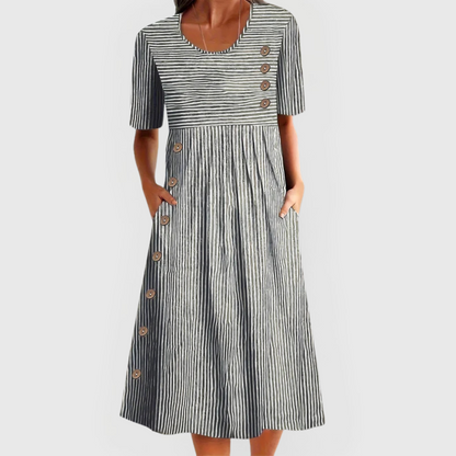 Women's striped three-quarter sleeve lightweight midi dress in blue, grey or beige