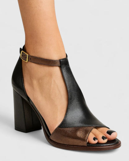 Women's black elastic T-strap block heels