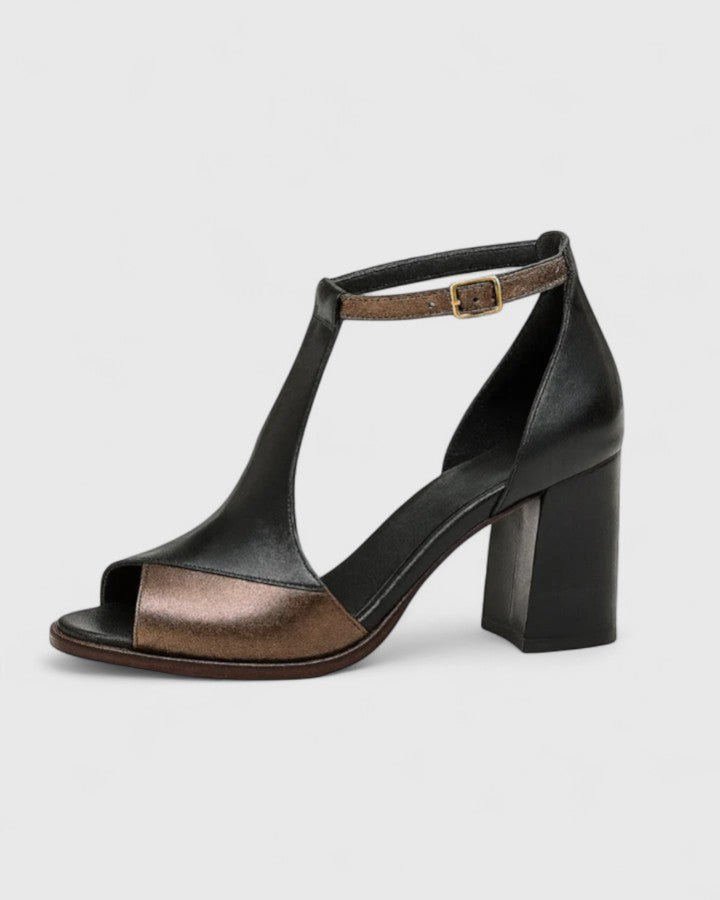 Women's black elastic T-strap block heels