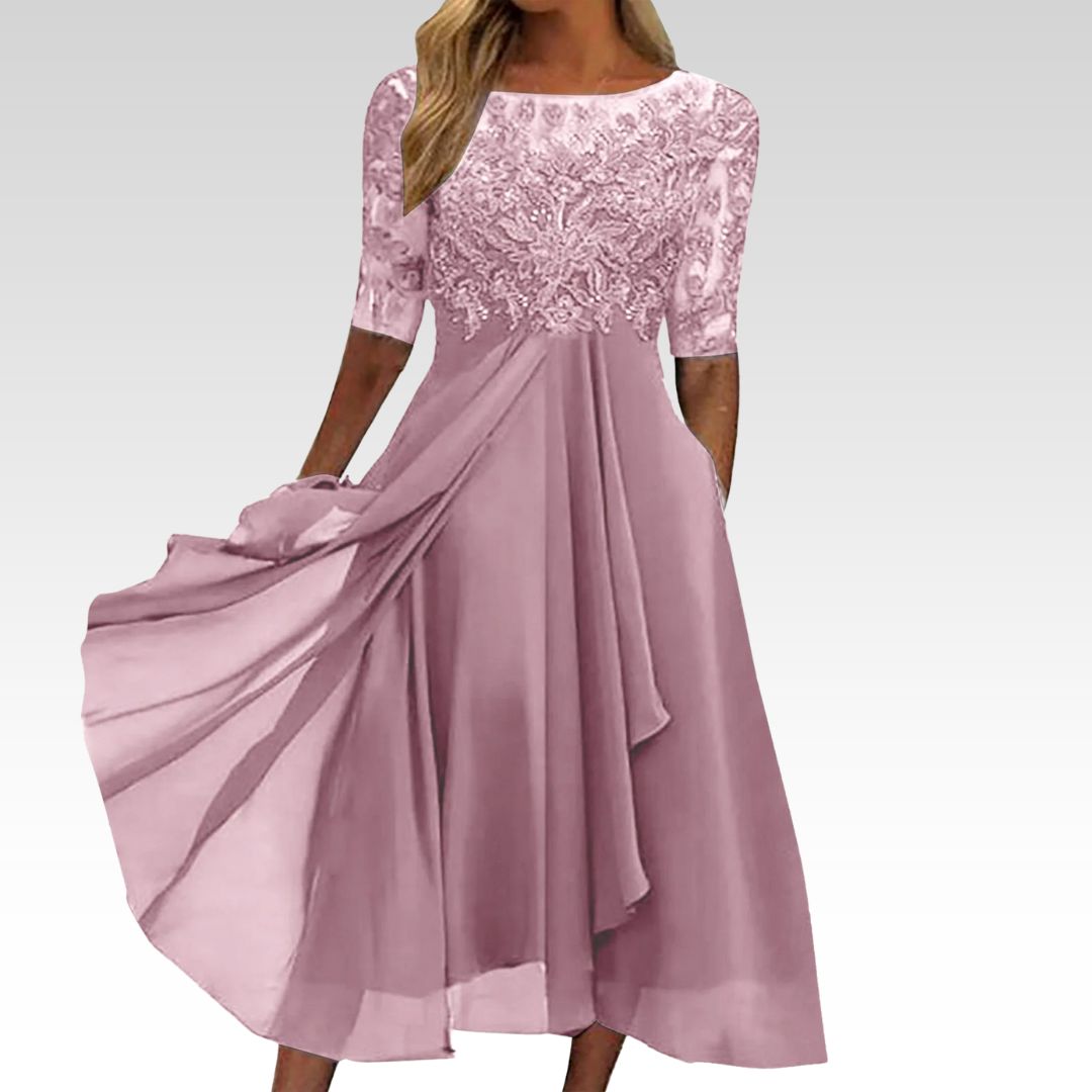 Women's draped elegant evening dress in blue, pink, white and green, shown for womenswear styling