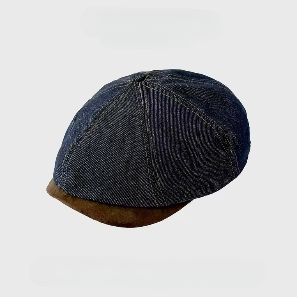 Kessoro unisex denim eight-panel newsboy cap in brown and navy blue