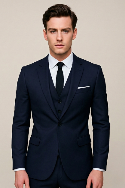 Kessoro Men's Slim Fit Single-Breasted Three-Piece Suit in navy blue, black and grey — front view