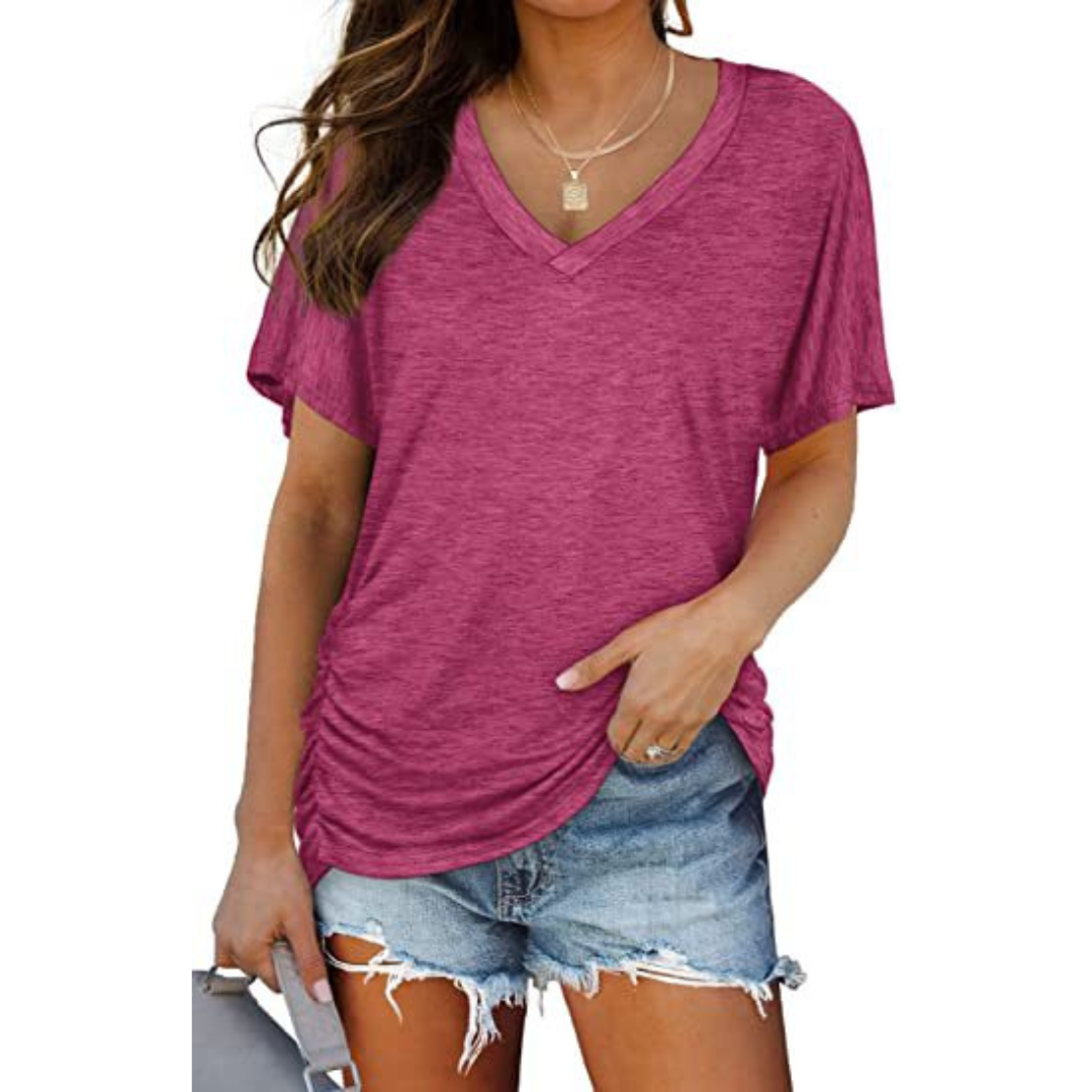 Kessoro women's V-neck loose fit batwing blouse in green, black, grey, pink, khaki and white