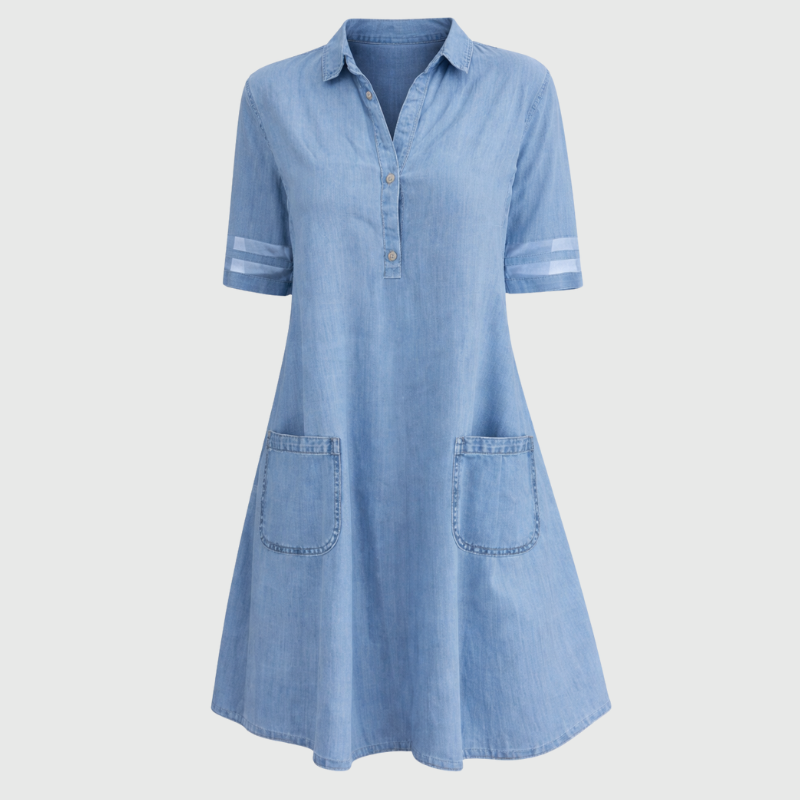 Women's flowing denim blue casual mini dress with a graceful relaxed silhouette