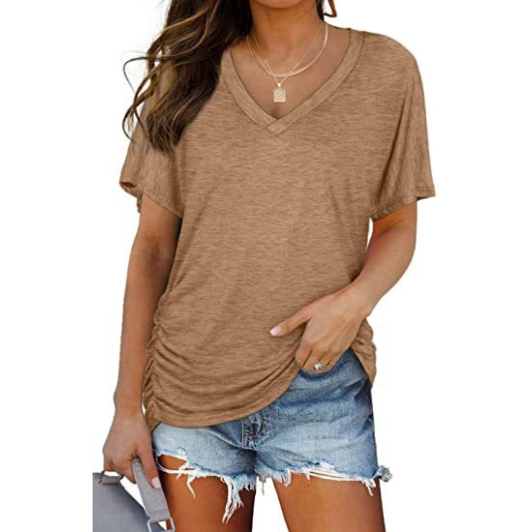 Kessoro women's V-neck loose fit batwing blouse in green, black, grey, pink, khaki and white