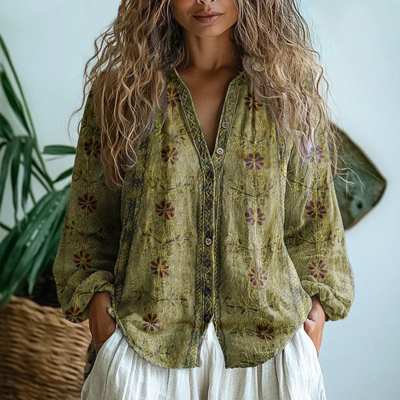 Women's vintage leaf print button-down blouse in lightweight fabric