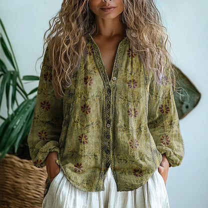 Women's vintage leaf print button-down blouse in lightweight fabric