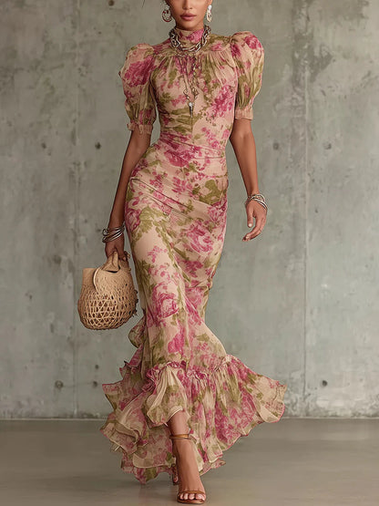 Kessoro women's vintage puff sleeve chiffon maxi dress in pink