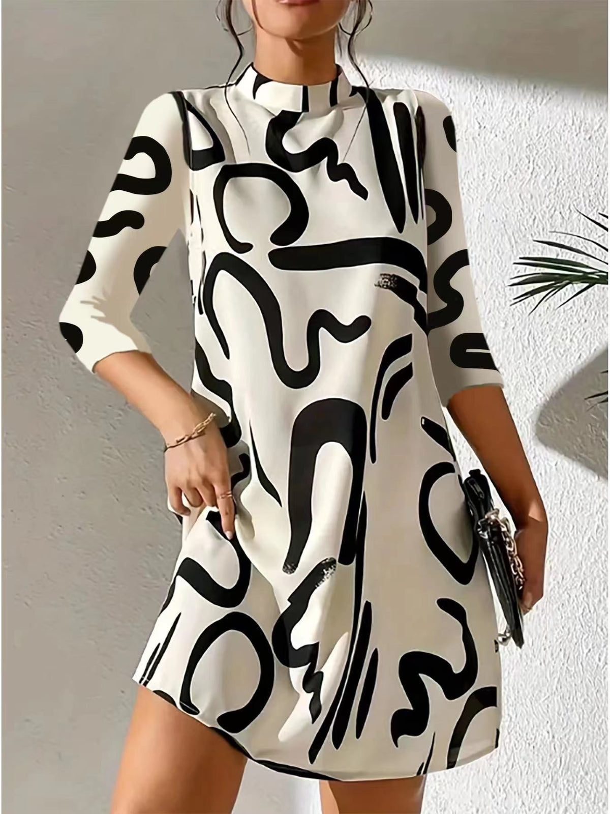 Kessoro women's round neck three-quarter sleeve knee-length dress in black, white and claret