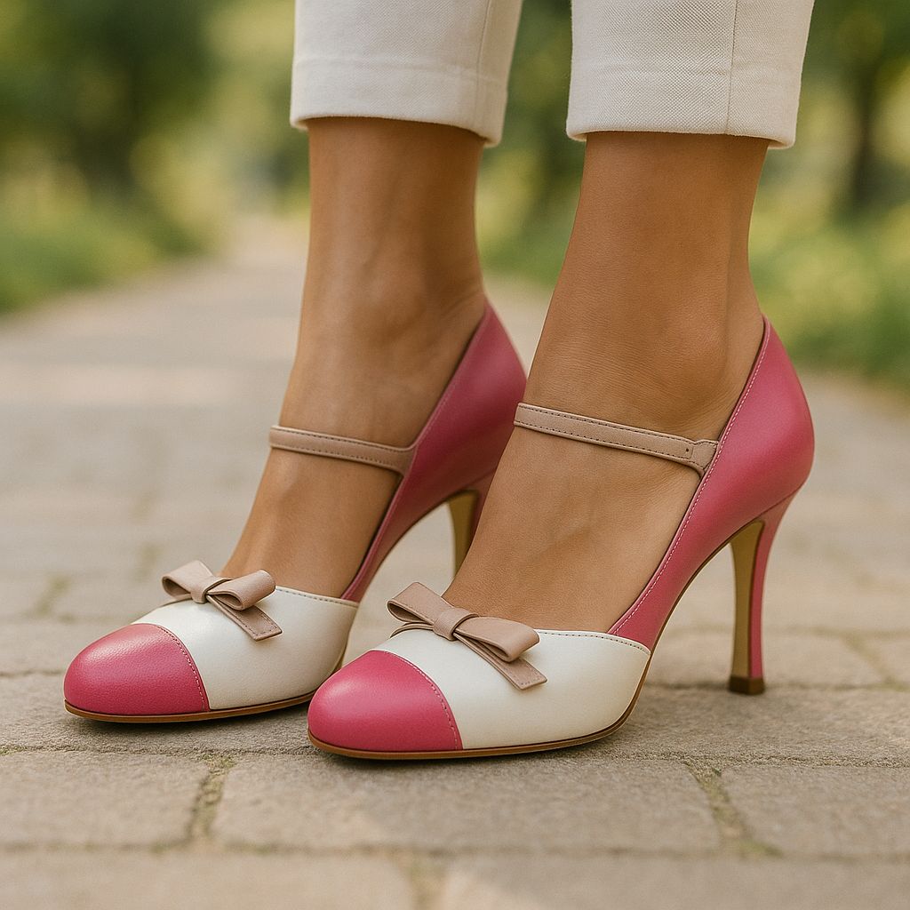 Kessoro women's bow accent ankle strap heeled sandals in blue, white and pink