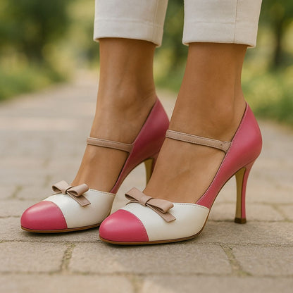 Kessoro women's bow accent ankle strap heeled sandals in blue, white and pink