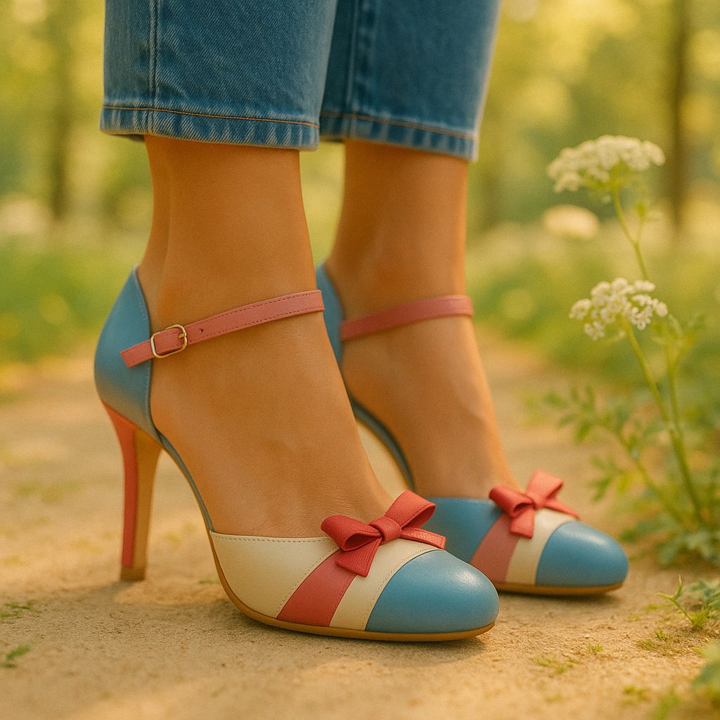 Kessoro women's bow accent ankle strap heeled sandals in blue, white and pink