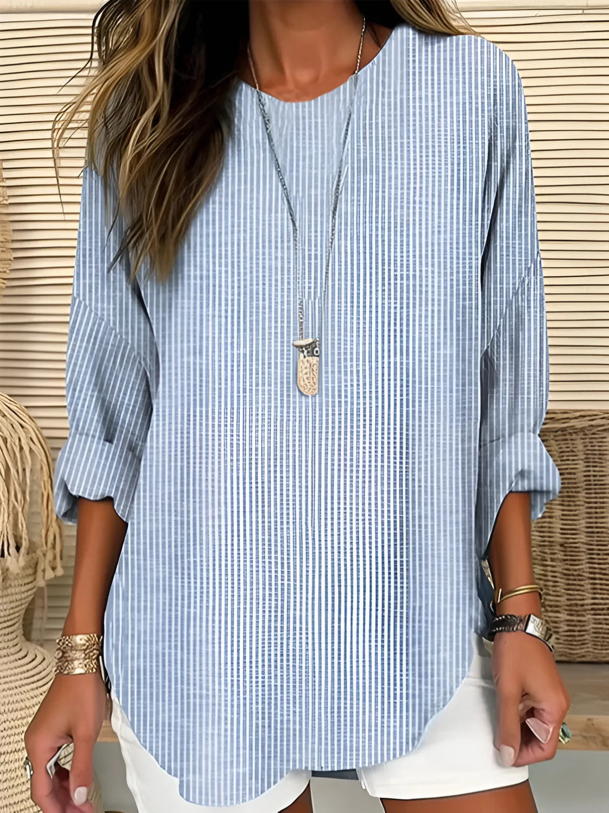 Women's striped relaxed drape blouse with a softly flowing silhouette