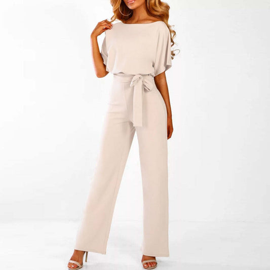 Women's wide-leg belted jumpsuit in beige, black, blue, pink and red — Kessoro, image 1 of 6