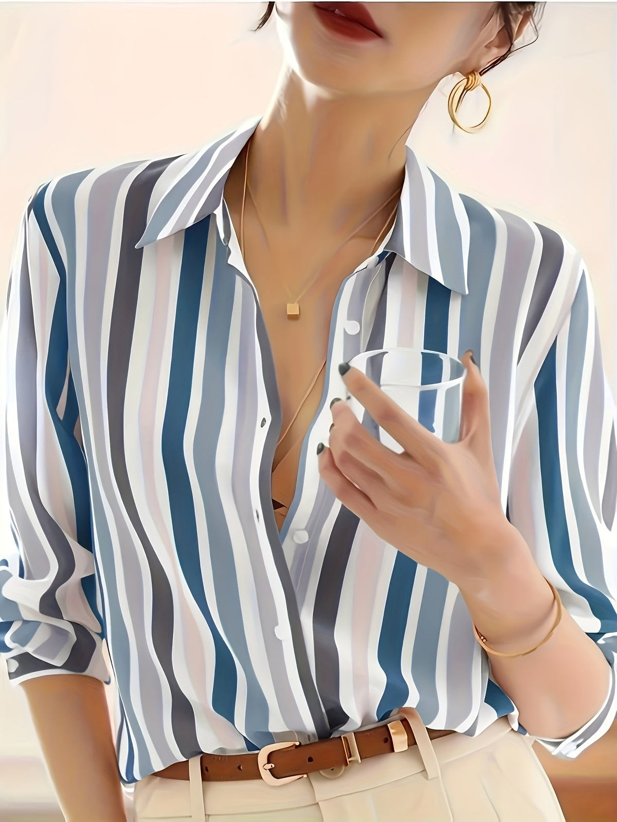 Kessoro Women's Striped Lapel Collar Button-Up Blouse in blue, sky blue, tangerine and other colourways — front view