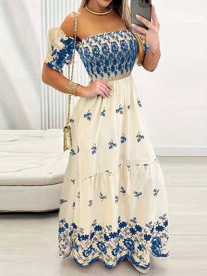 Women's off-the-shoulder smocked floral maxi dress in a multicolour print