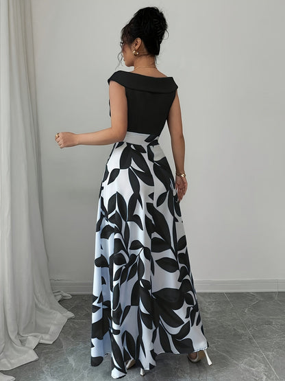 Women's leaf-print wrap-neck A-line maxi dress in a deep natural colourway