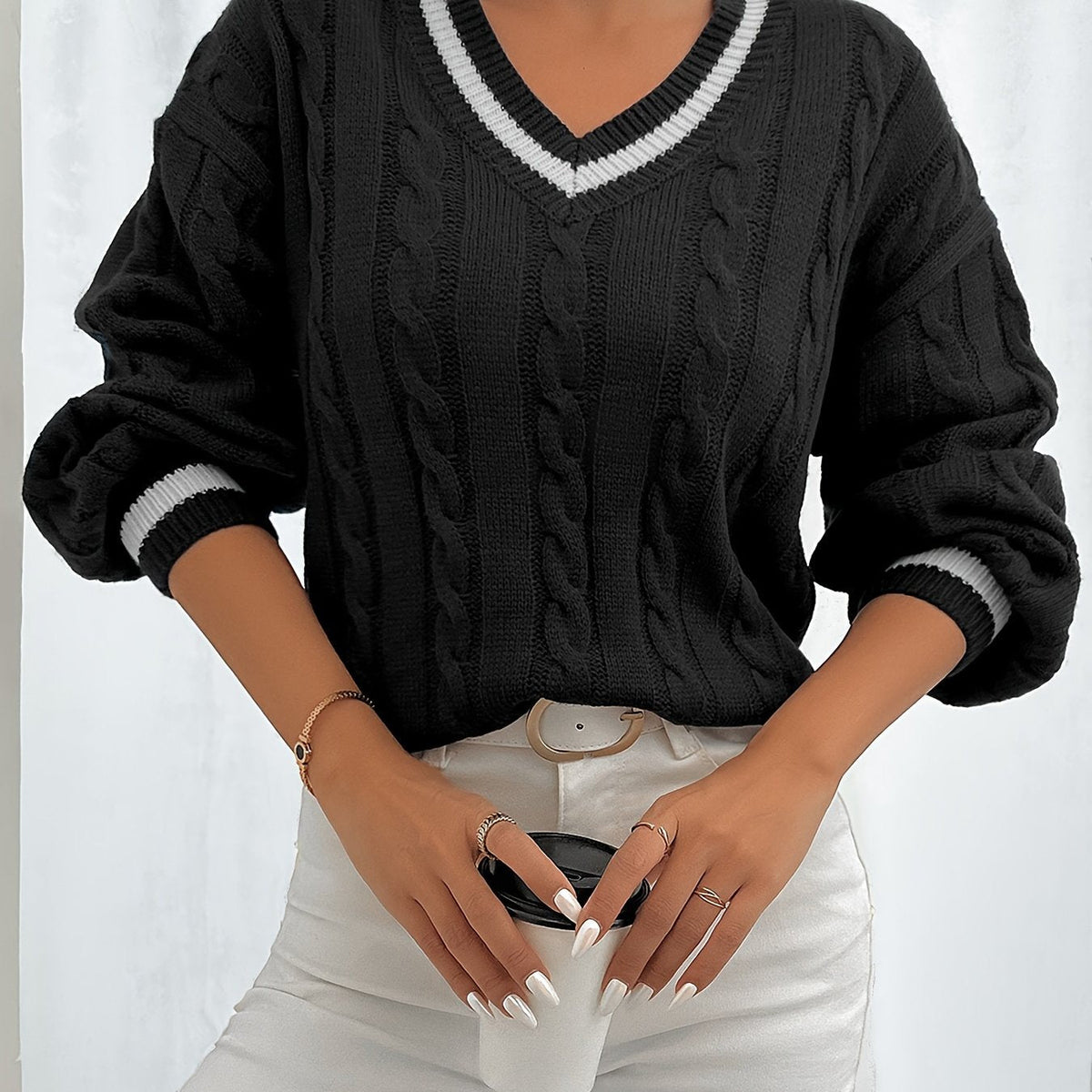Kessoro women's cable-knit V-neck sweater in navy and black