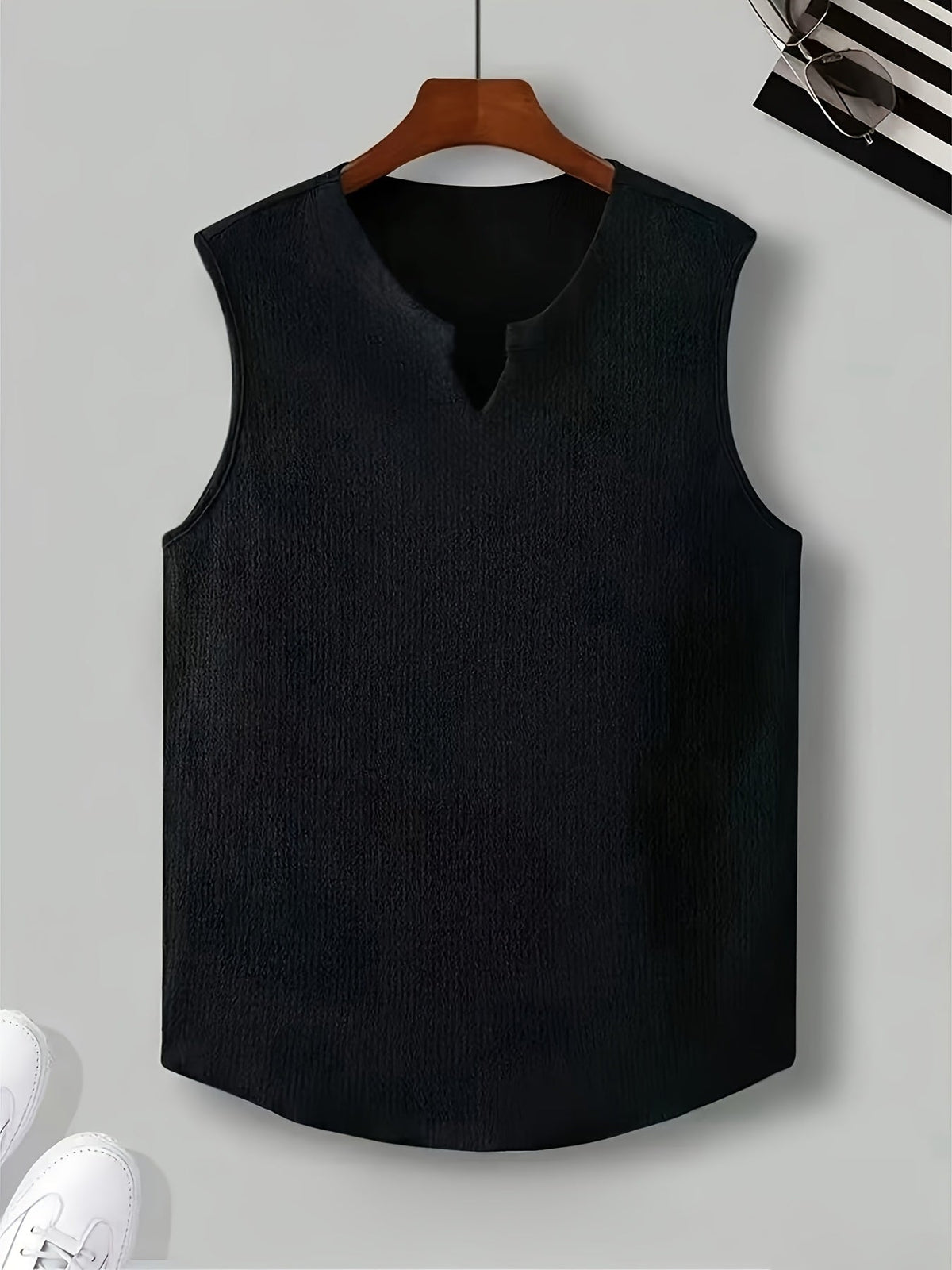 Kessoro men's relaxed notch-neck sleeveless tank top in apricot, black and white