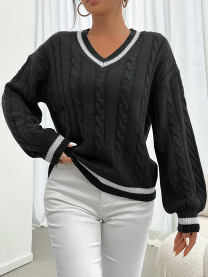 Kessoro women's cable-knit V-neck sweater in navy and black