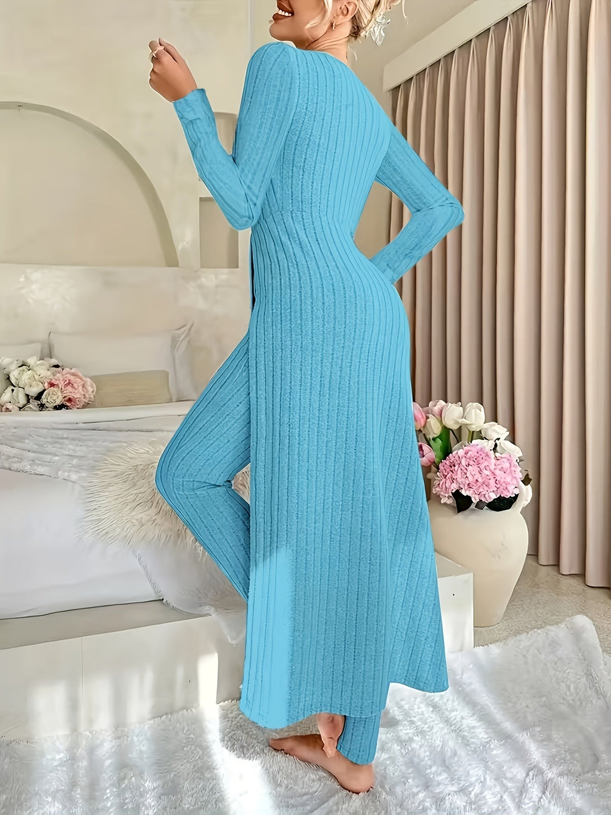 Kessoro women's ribbed tunic and wide-leg trouser lounge set in sage, violet and peacock blue, view 4