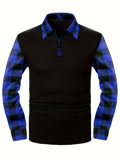 Kessoro men's half-zip contrast check collared shirt in mixed neutral and check colourways