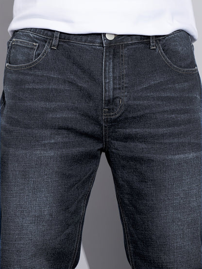 Men's mid-rise straight-leg stretch jeans in blue and black denim, colour option 2 side view