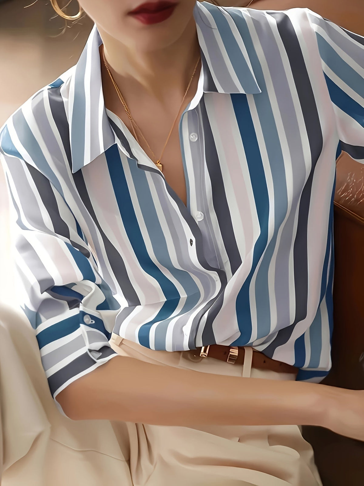 Kessoro Women's Striped Lapel Collar Button-Up Blouse in blue, sky blue, tangerine and other colourways — colourway options