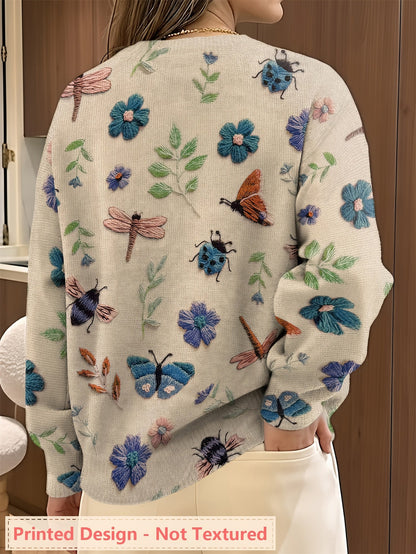 Kessoro women's botanical print crewneck knit sweater in purple, blue and apricot – view 5