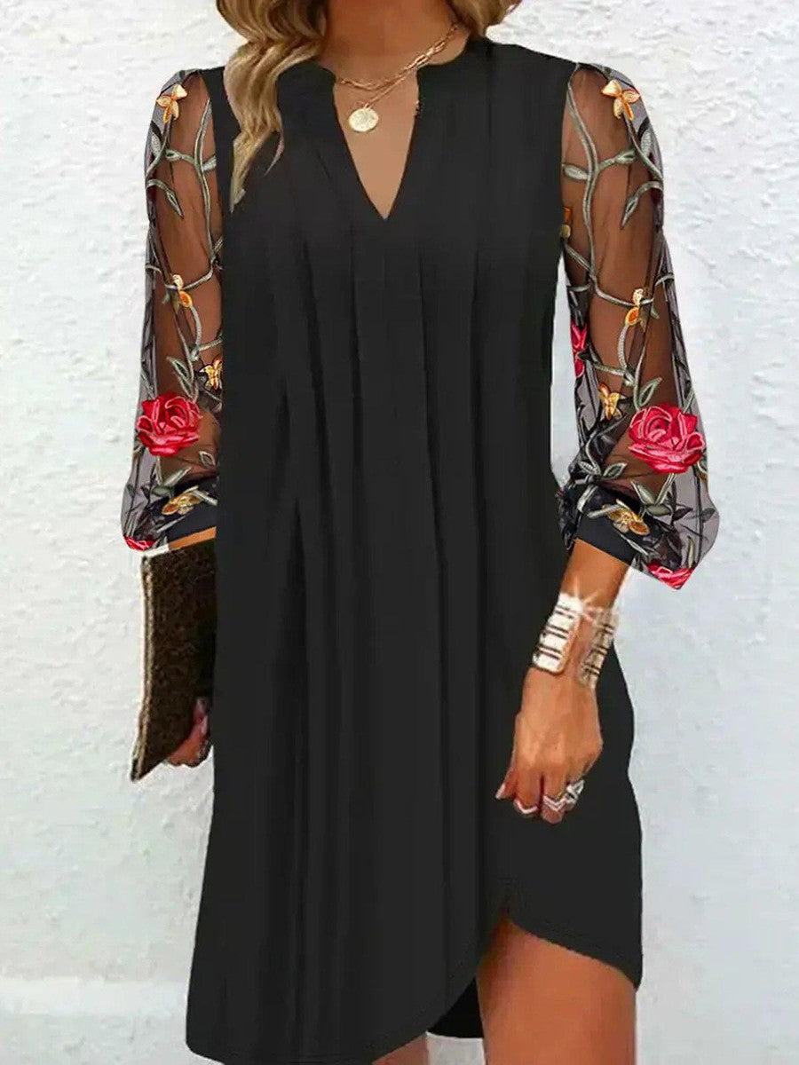 Kessoro women's embroidered floral sleeve V-neck dress in a black colorway - women's dresses