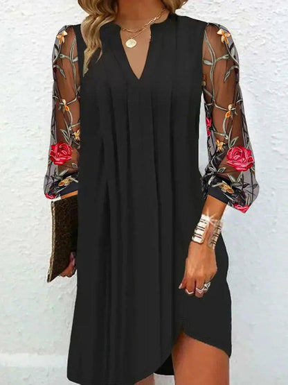 Kessoro women's embroidered floral sleeve V-neck dress in a black colorway - women's dresses