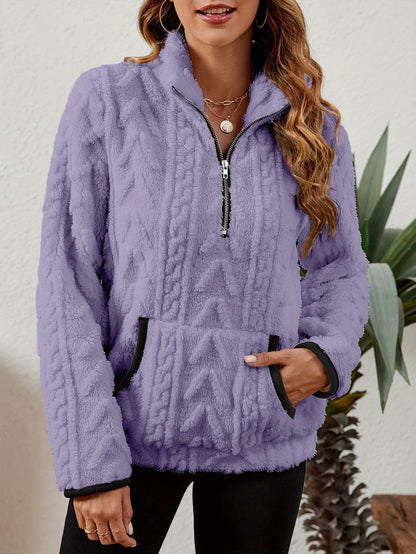 Kessoro women's plush textured half-zip pullover in burgundy, grey, pink, white, khaki, purple and blue - product view 46