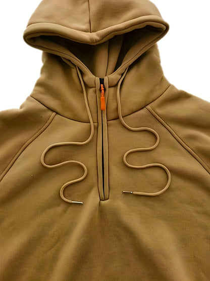 Men's utility quarter-zip hoodie in black, navy, khaki and burgundy with pocket detail, colour option 2 front view