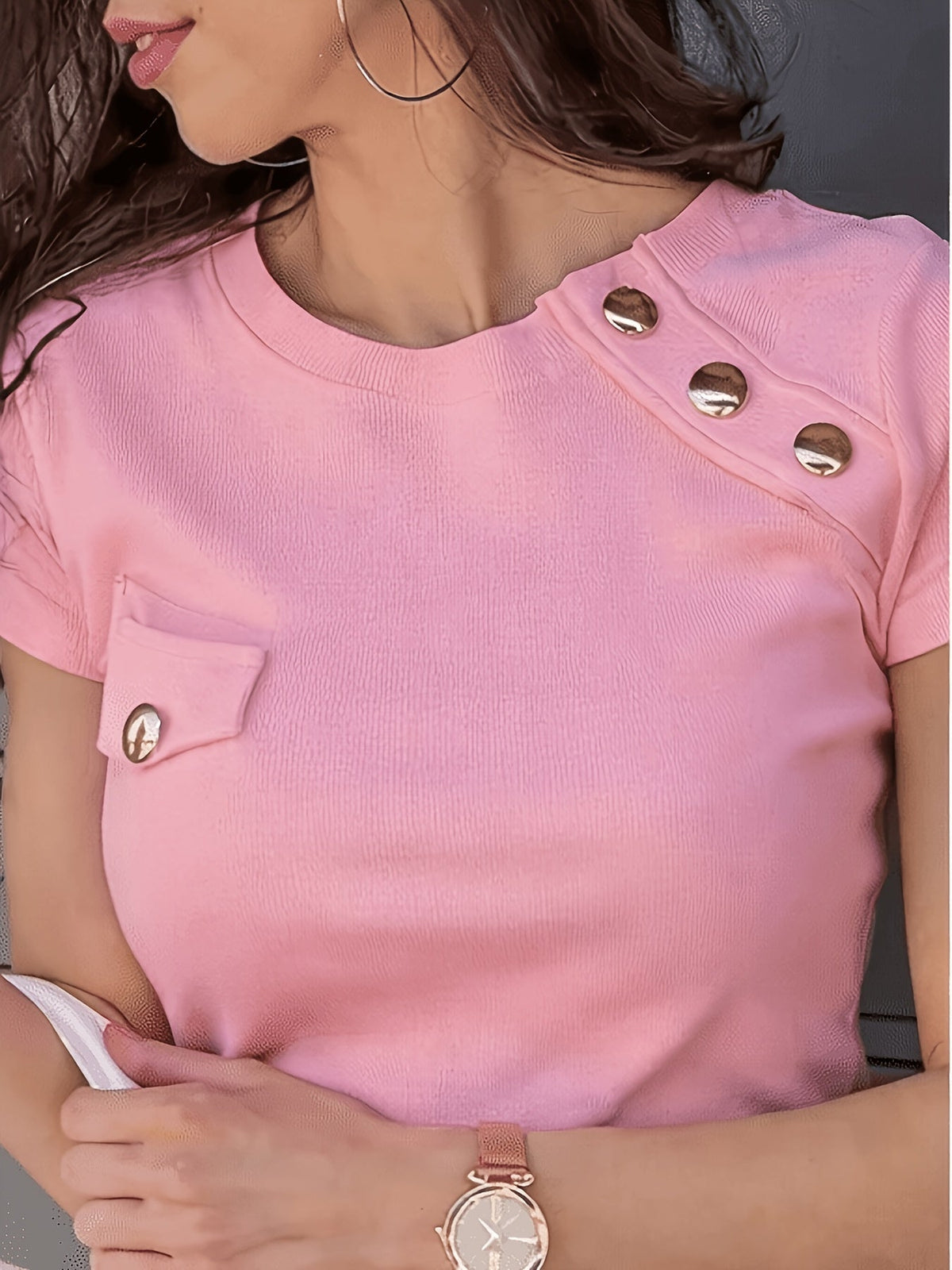 Women's button-accent round-neck short-sleeve t-shirt in white and black, styled view