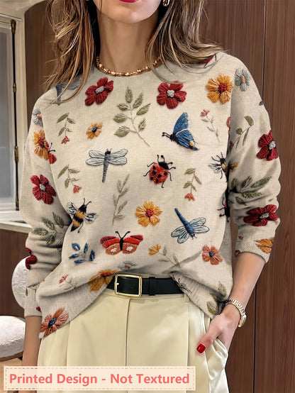 Kessoro women's botanical print crewneck knit sweater in purple, blue and apricot – view 2
