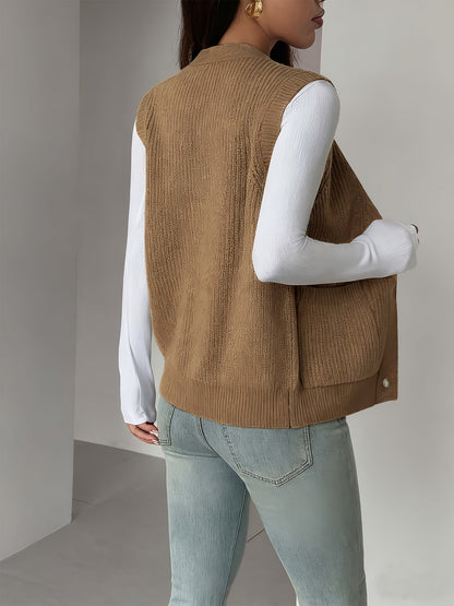 Kessoro women's buttoned V-neck knit vest with front pockets in soft neutral colourways