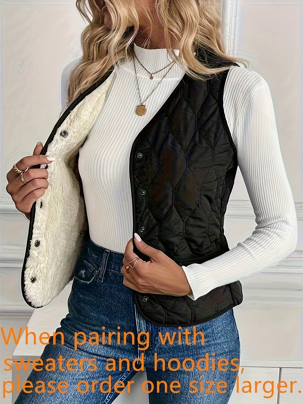 Kessoro Women's Reversible Quilted Plush Vest in black - women's apparel, view 8 of 8