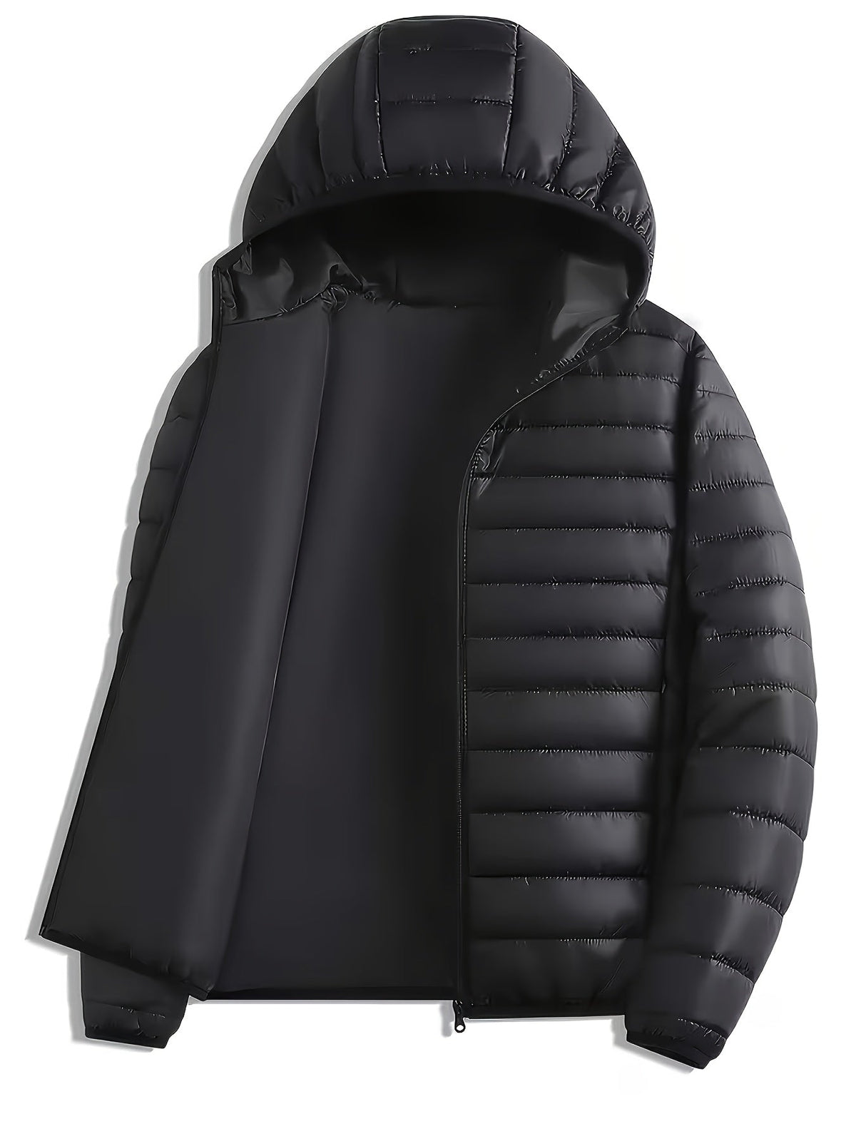 Men's lightweight quilted hooded puffer jacket in dark green, light grey, navy and black, back view