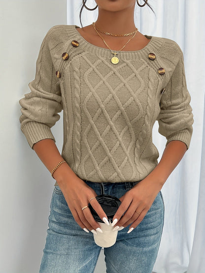 Kessoro women's cable-knit button lantern-sleeve sweater in white, khaki, black and grey – view 1