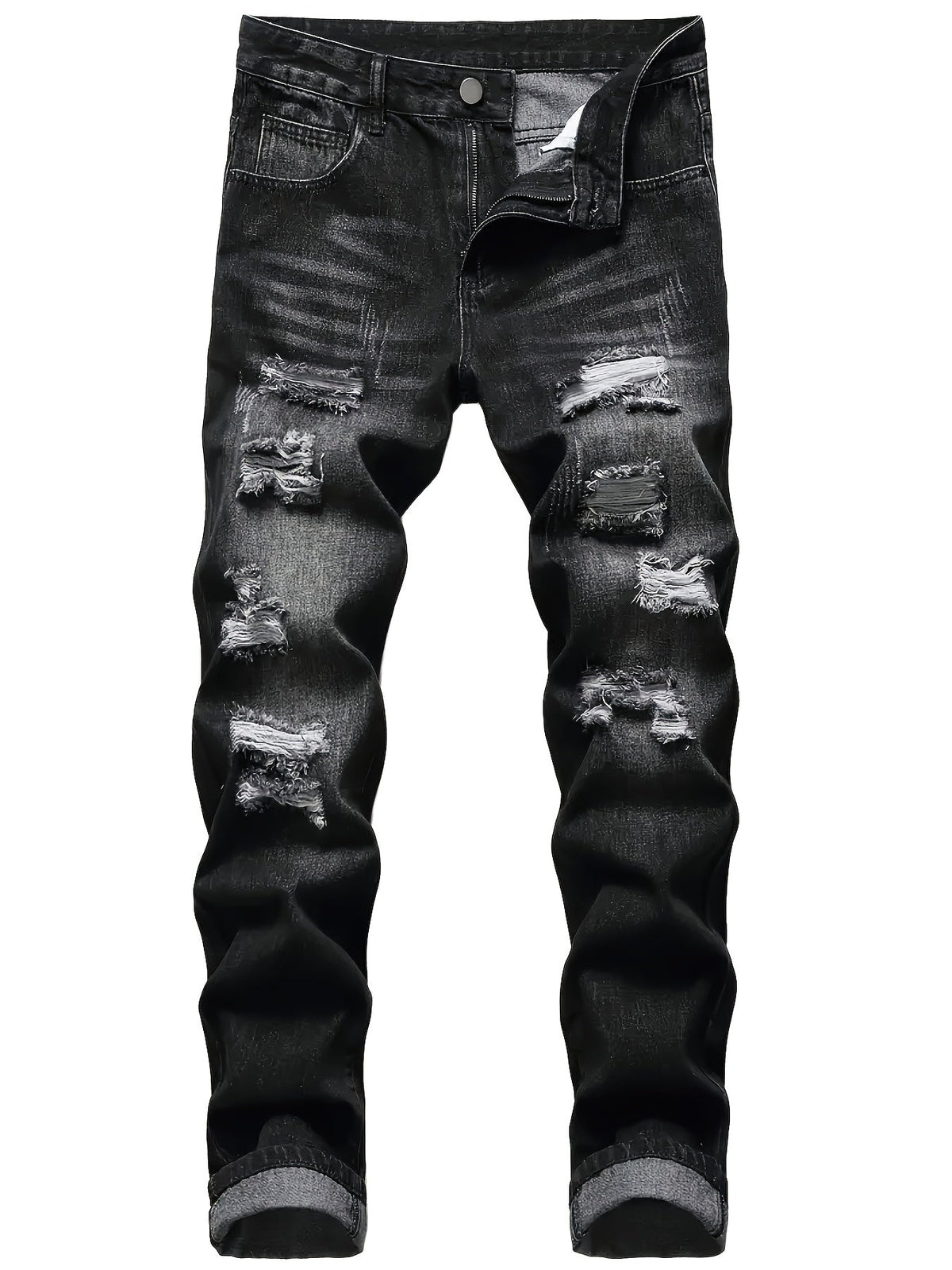 Men's distressed relaxed straight-leg jeans in dark gray denim, detail view