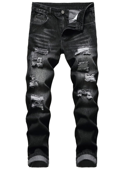 Men's distressed relaxed straight-leg jeans in dark gray denim, detail view