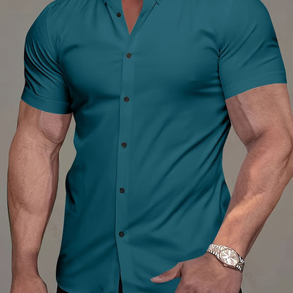 Kessoro men's refined short-sleeve button-up shirt shown in eleven colourways including white, black, navy and army green on a male model
