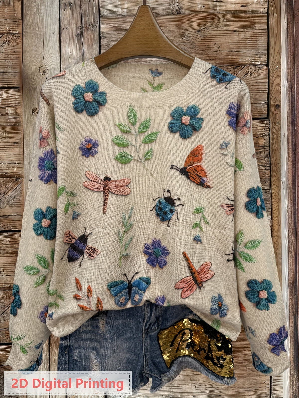 Kessoro women's botanical print crewneck knit sweater in purple, blue and apricot – view 8