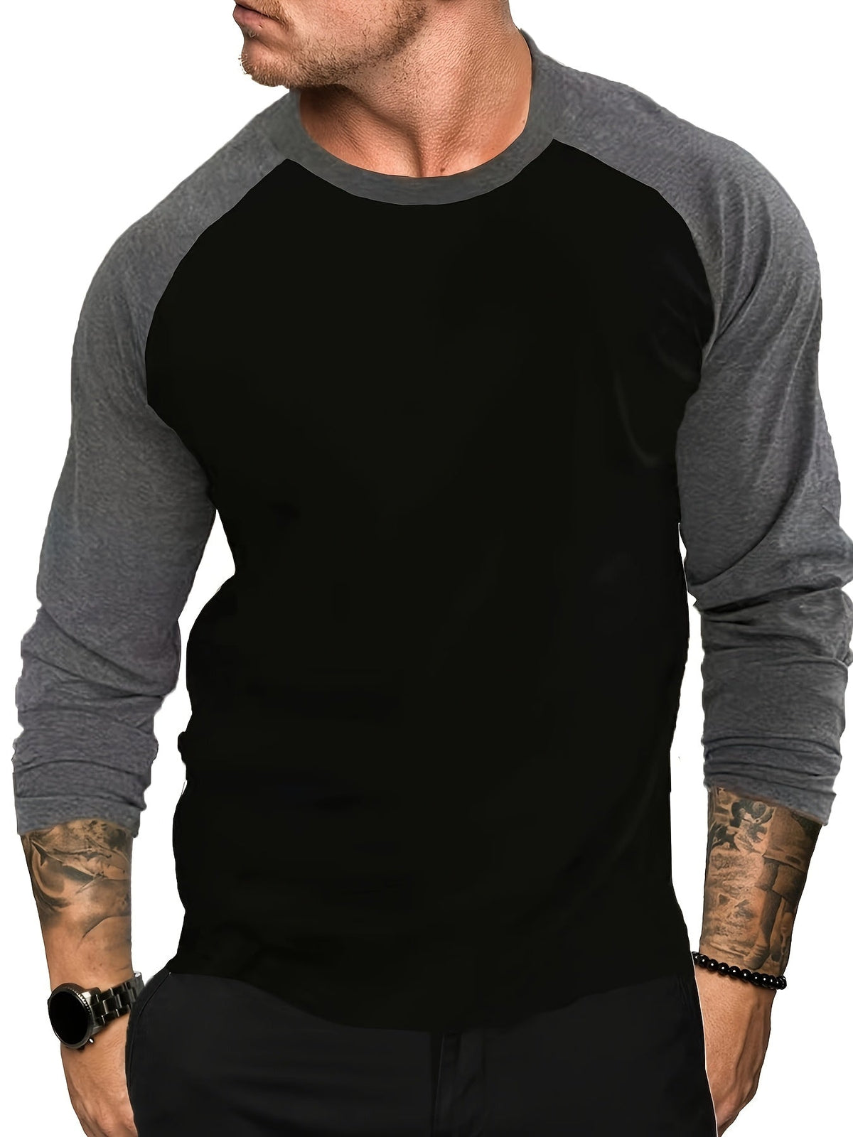 Men's two-tone raglan long-sleeve t-shirt in black, light grey and white, back view