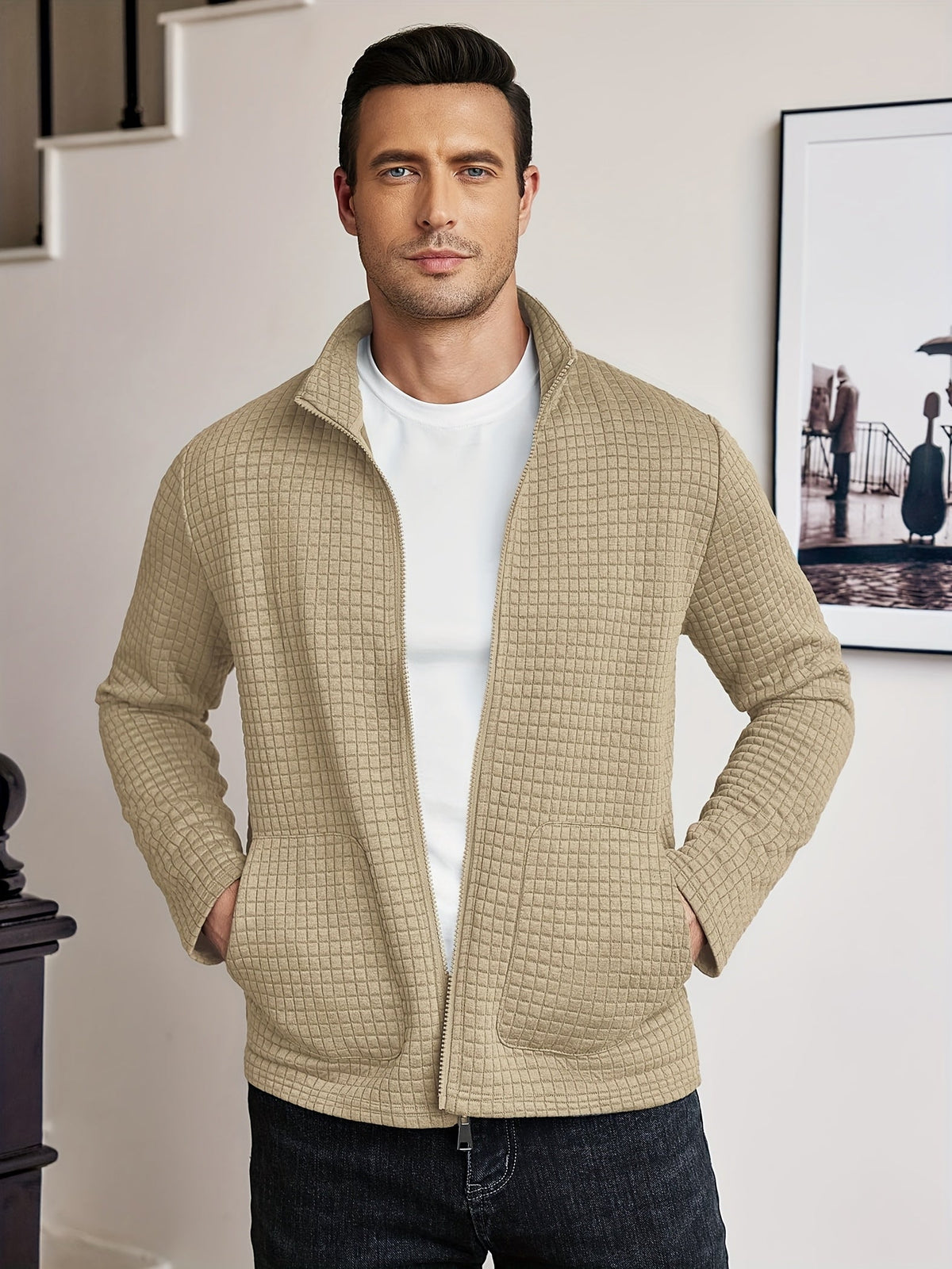 Kessoro Men's Textured Stand-Collar Full-Zip Jacket in white, khaki and black, image 11 of 18.