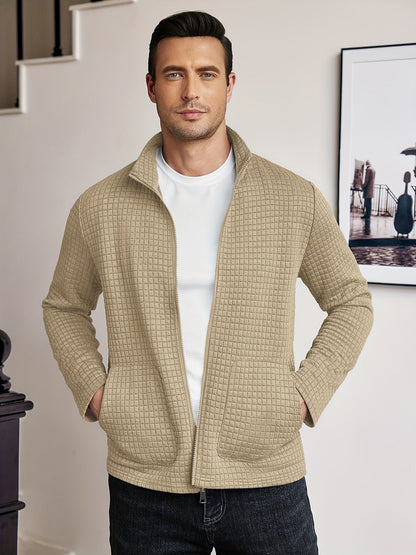 Kessoro Men's Textured Stand-Collar Full-Zip Jacket in white, khaki and black, image 11 of 18.