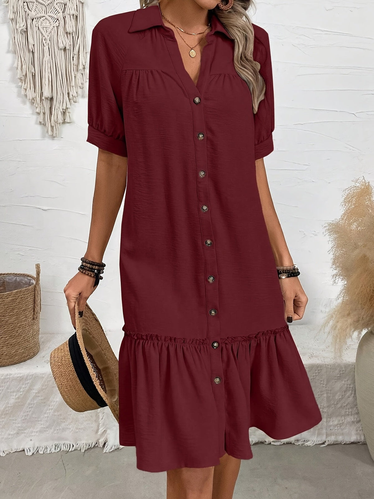 Women's button-front boho midi dress with pleated hem and rolled half sleeves